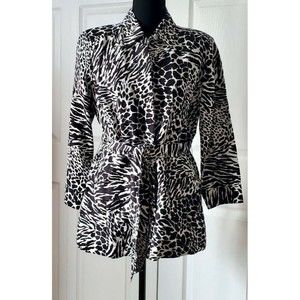 Covington Women's Leopard Linen Jacket 3/4 Sleeve Button Up Belted Blazer Sz M